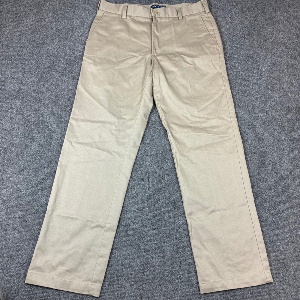 Izod Mens Slim Fit Chino Pants Tan Khaki Flat‎ Front Twill Trousers 32x30